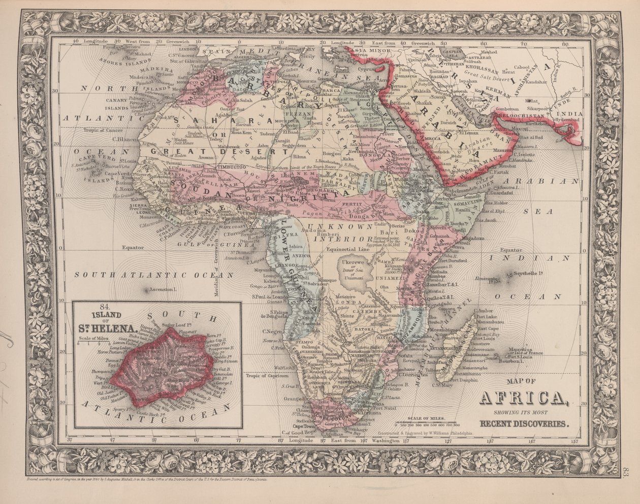 अफ्रीका का मानचित्र, मिचेल के नए जनरल एटलस, 1863 (रंग उत्कीर्णन) से सेंट हेलेना इनसेट के द्वीप के साथ अपनी सबसे हाल की खोजों को दर्शाता है द्वारा अमेरिकी स्कूल