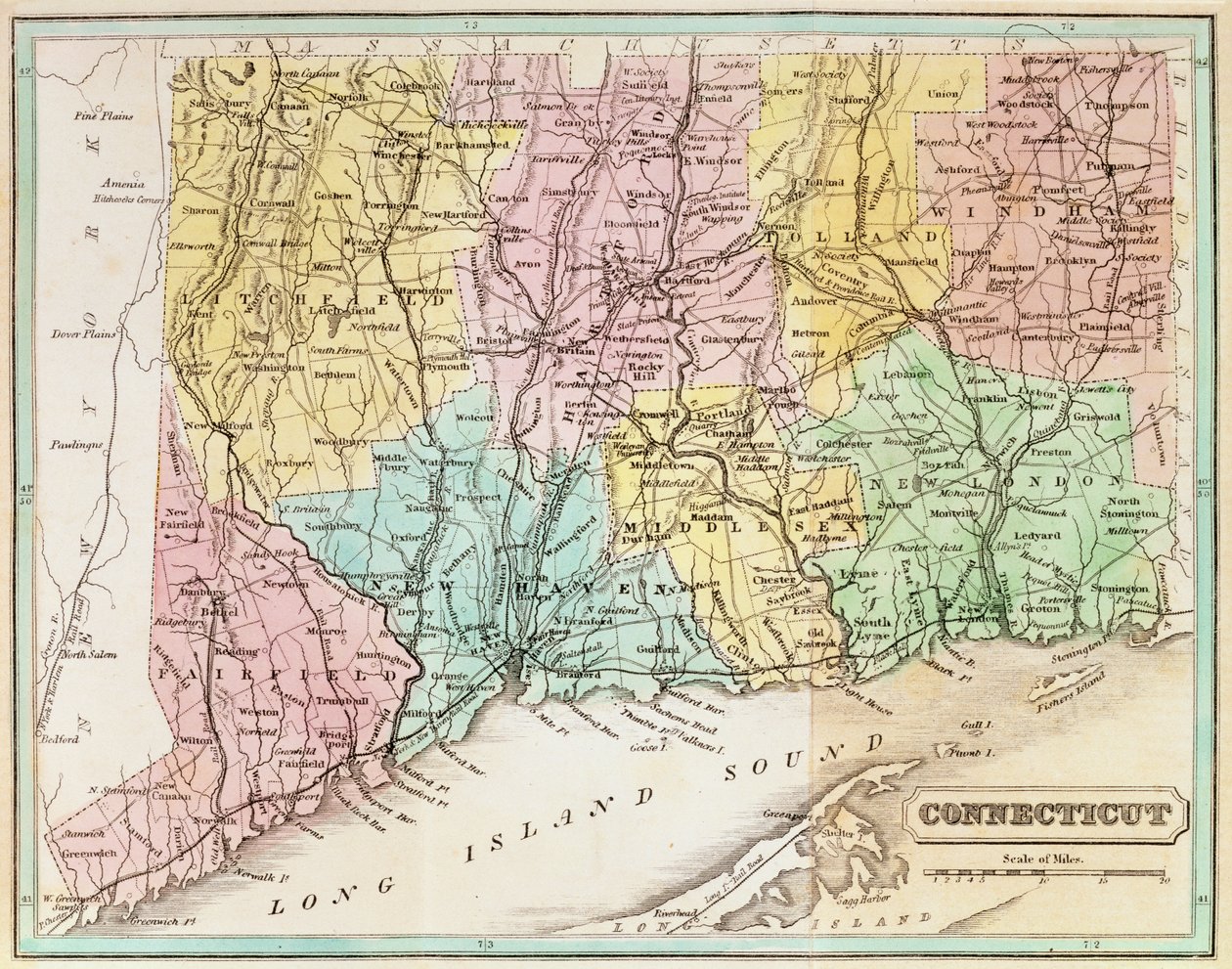 जॉन वार्नर बार्बर द्वारा &39;कनेक्टिकट हिस्टोरिकल कलेक्शंस&39; से 1856 में कनेक्टिकट का नक्शा द्वारा अमेरिकी स्कूल
