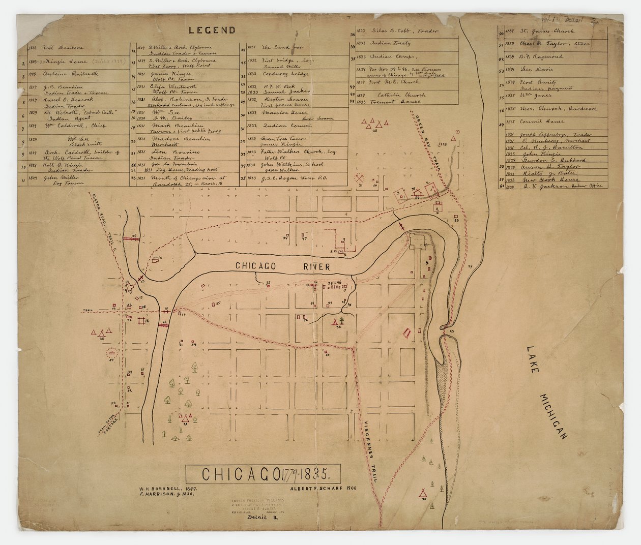 शिकागो, इलिनोइस में ऐतिहासिक घरों और स्थलों का नक्शा, c.1835 द्वारा अमेरिकी स्कूल