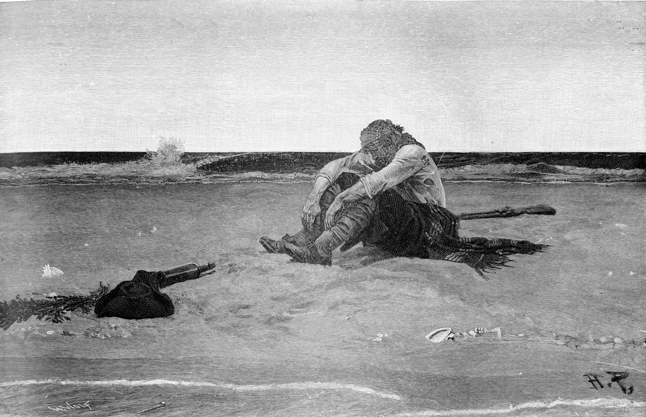 हावर्ड पाइल (1853 - 1911), अमेरिकी चित्रकार द्वारा "बुकेनियर्स एंड मैरूनर्स ऑफ़ द स्पैनिश मेन" के बाद असहाय समुद्री डाकू। ग्रिसैल। 1887. द्वारा अमेरिकी स्कूल