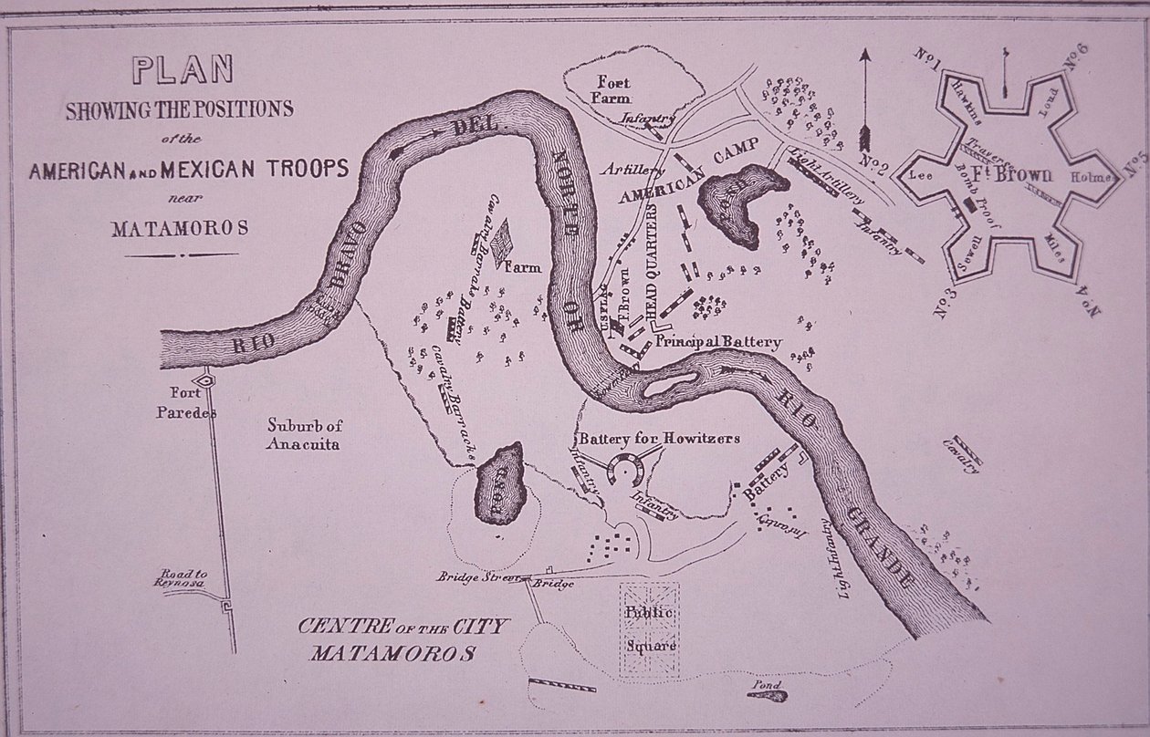 मैक्सिकन-अमेरिकी युद्ध (1846-48), रियो ग्रांडे और माटामोरोस के पास अमेरिकी सैनिकों का नक्शा द्वारा अमेरिकी स्कूल