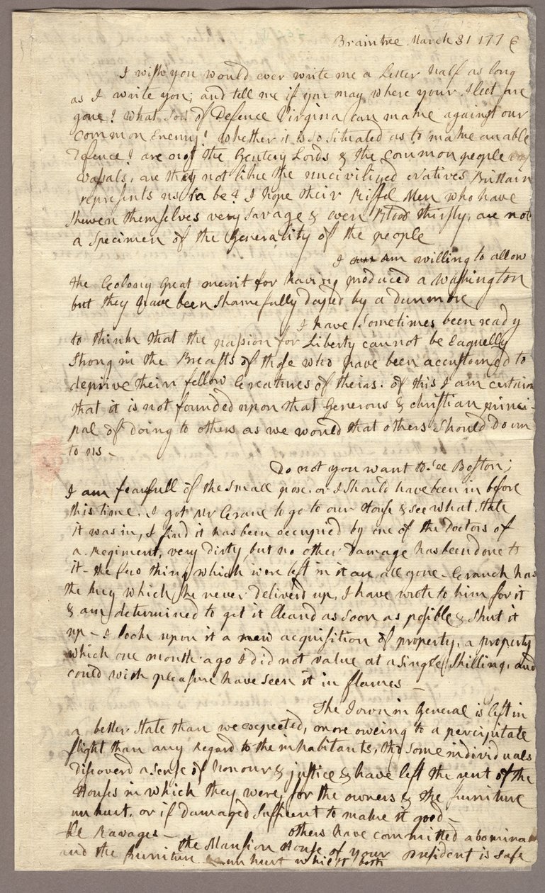 पृष्ठ 1, अबीगैल एडम्स का जॉन एडम्स को पत्र, 31 मार्च - 5 अप्रैल 1776 (कागज पर स्याही) द्वारा अमेरिकी स्कूल