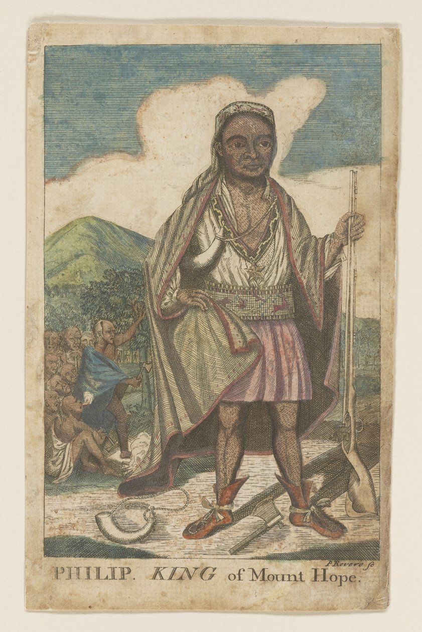 फिलिप, माउंट होप के राजा, पब। 1772 (हाथ के रंग का उत्कीर्णन) द्वारा अमेरिकी स्कूल