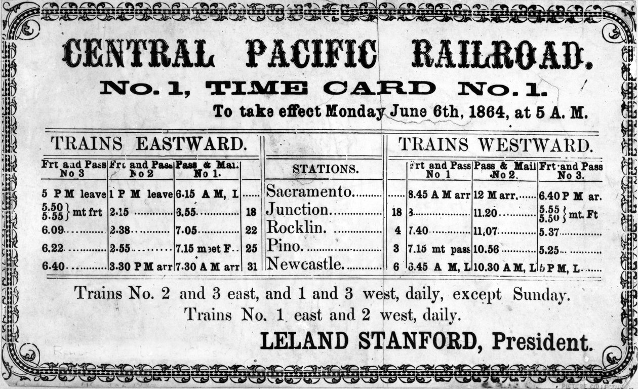 6 जून 1864, 1864 को सेंट्रल पैसिफिक रेलरोड कंपनी की मूल समय सारिणी का फोटोग्राफिक प्रिंट द्वारा अमेरिकी स्कूल
