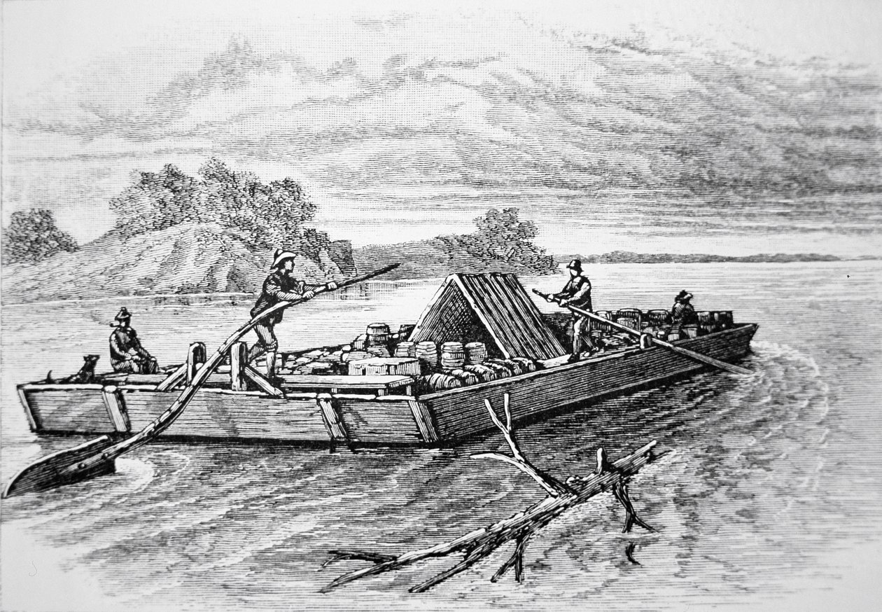 मिसिसिपी नदी पर पायनियर फ्लैटबोट, c. 1840 (उत्कीर्णन) द्वारा अमेरिकी स्कूल