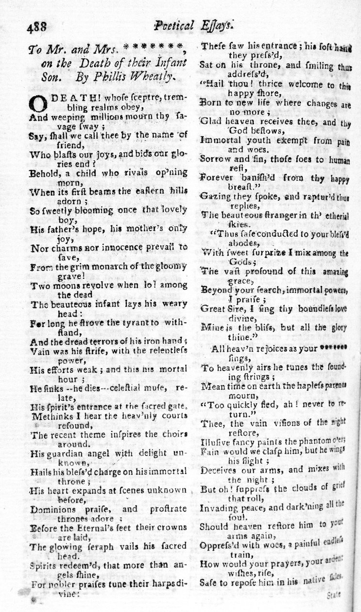 बोस्टन पत्रिका में 1783-84 (2015) में प्रकाशित, Phillis Wheatly द्वारा अपने बच्चे की मृत्यु पर एक जोड़े को लिखी गई कविता द्वारा अमेरिकी स्कूल