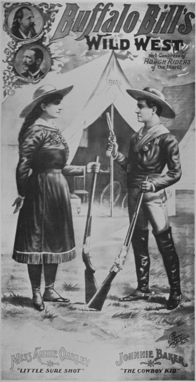 एनी ओकले (1860-1926) और जॉनी बेकर 'द काउबॉय किड' की विशेषता वाले बफ़ेलो बिल्स (1846-1917) वाइल्ड वेस्ट शो का पोस्टर द्वारा अमेरिकी स्कूल