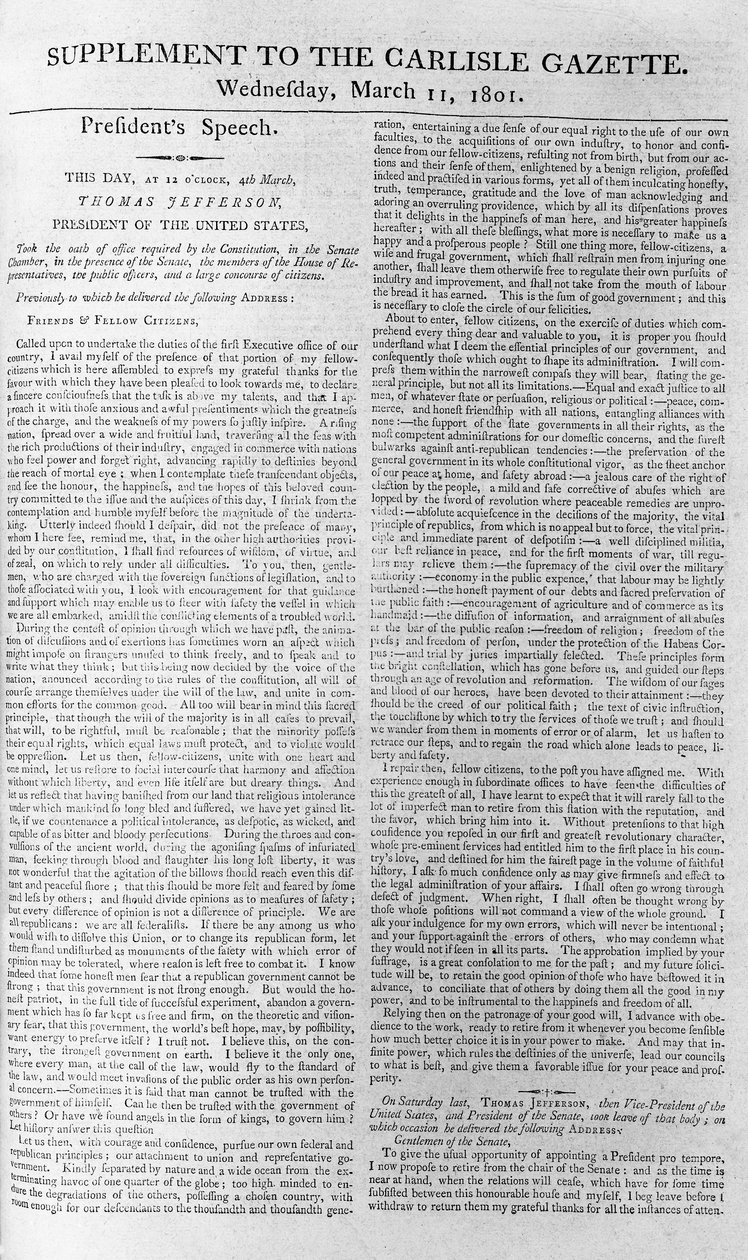 राष्ट्रपति जेफरसन ने भाषण का उद्घाटन किया, 11 मार्च 1801 को कार्लिस्ले गजट के लिए पूरक द्वारा अमेरिकी स्कूल
