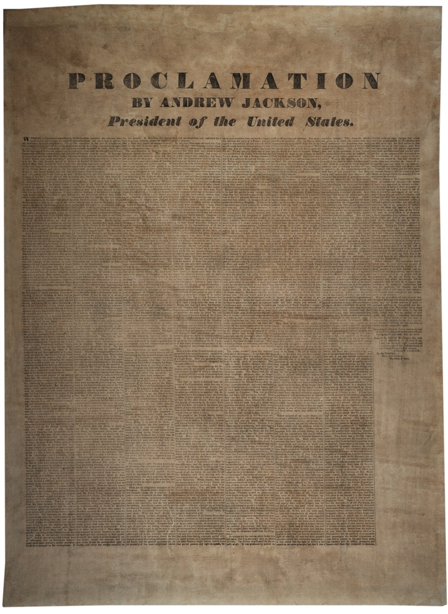 10 दिसंबर 1832 को एंड्रयू जैक्सन (1767-1845), संयुक्त राज्य अमेरिका के राष्ट्रपति द्वारा उद्घोषणा द्वारा अमेरिकी स्कूल