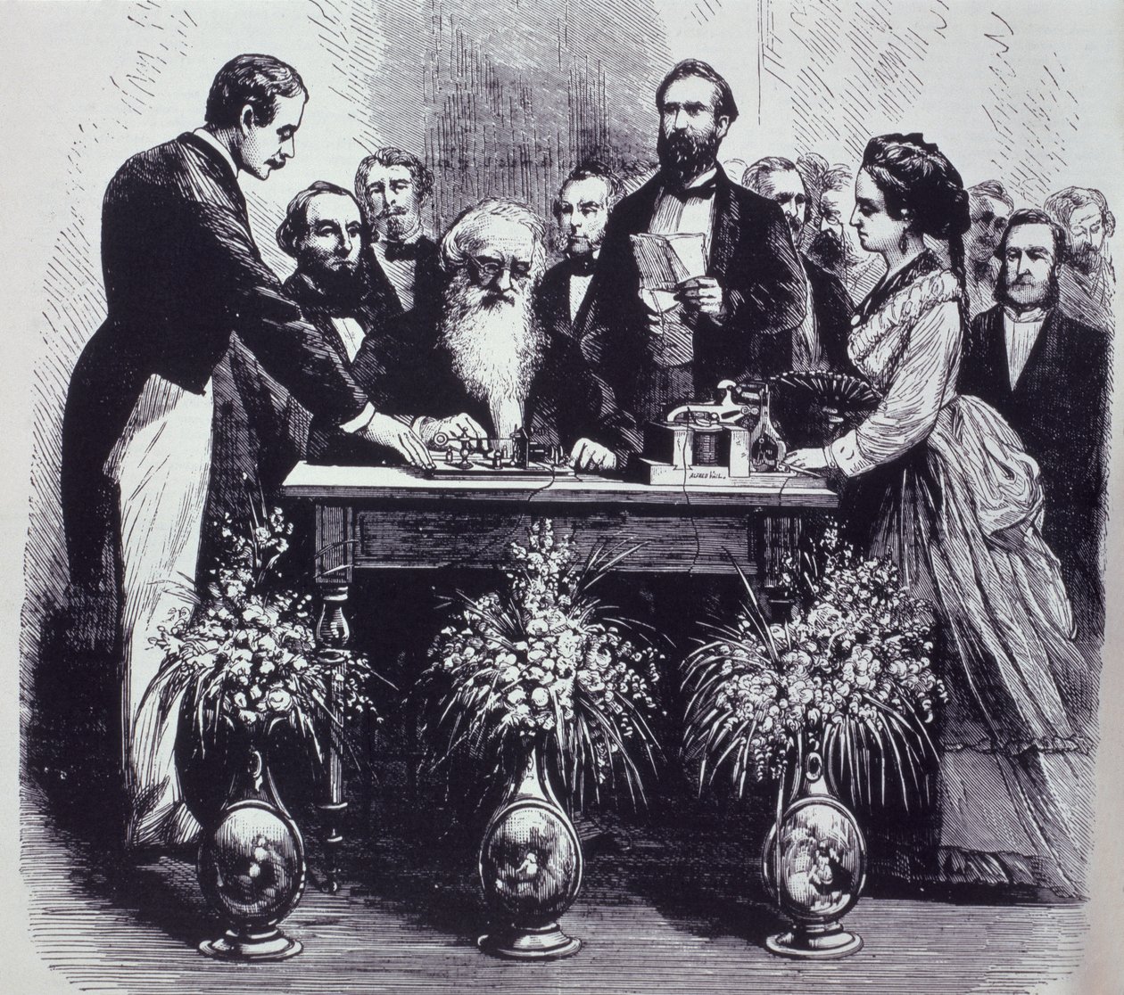 प्रोफेसर सैमुअल फिनाले ब्रेज़ मोर्स (1791-1872) ने अपने आविष्कार के कार्य की व्याख्या की द्वारा अमेरिकी स्कूल