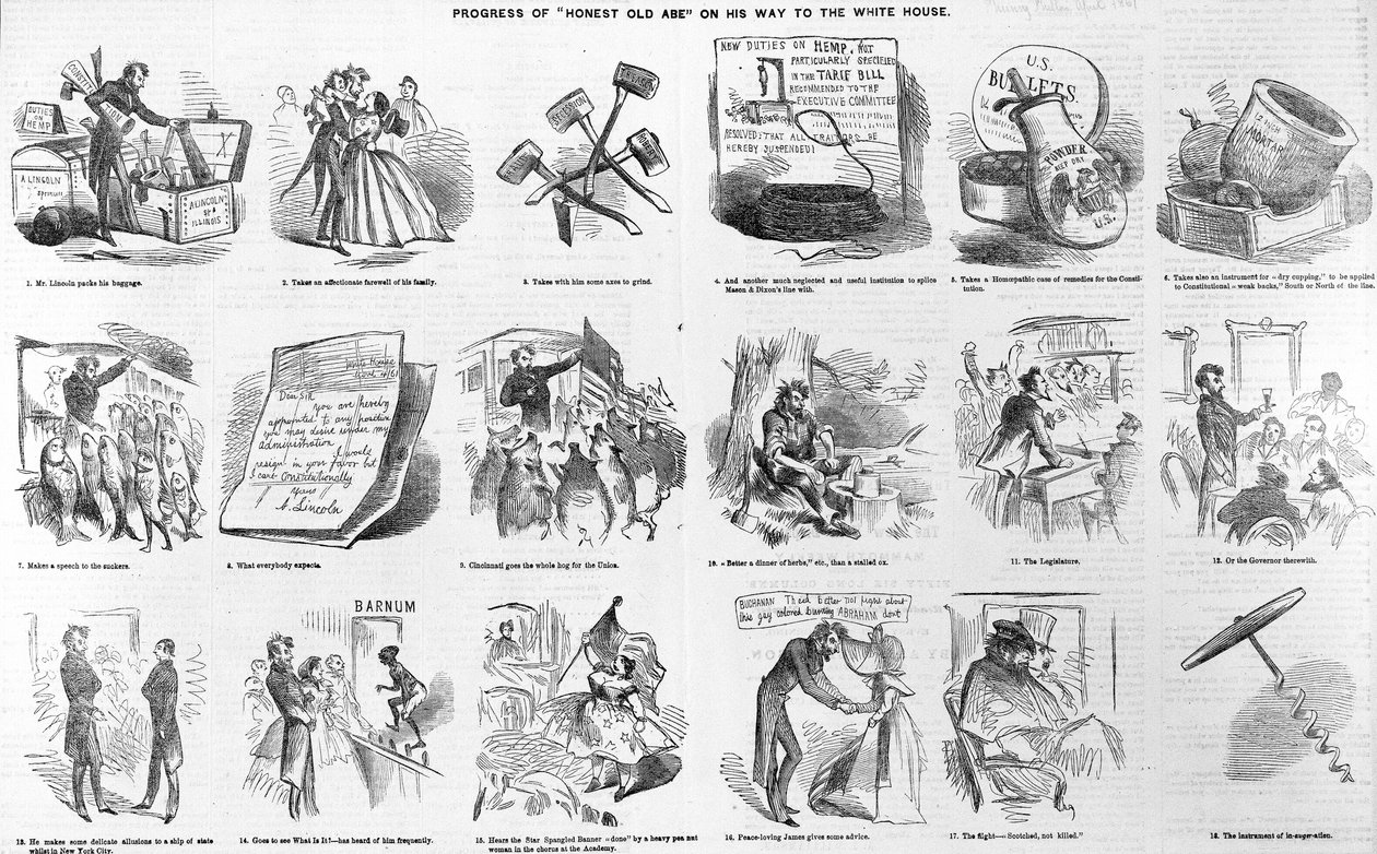 व्हाइट हाउस के रास्ते में ईमानदार ओल्ड आबे की प्रगति, c.1860 द्वारा अमेरिकी स्कूल