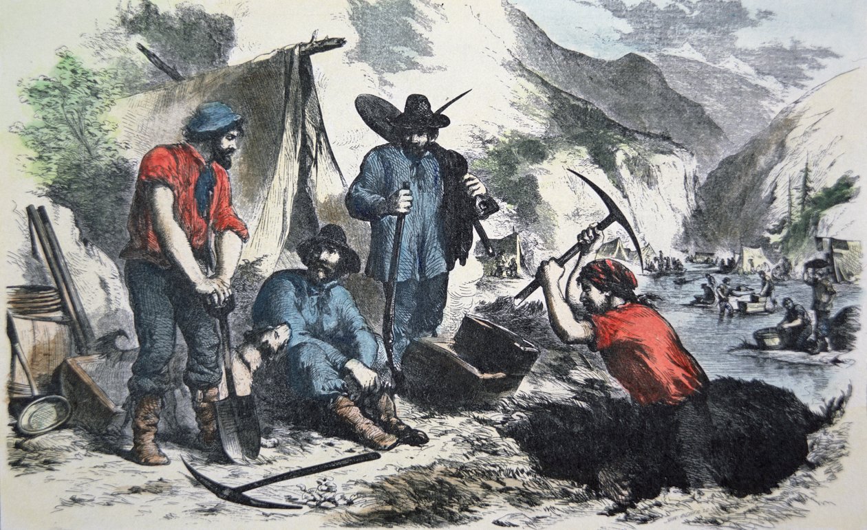 1849 के कैलिफ़ोर्निया गोल्ड रश के दौरान प्रॉस्पेक्टर्स (कलर लिथो) द्वारा अमेरिकी स्कूल