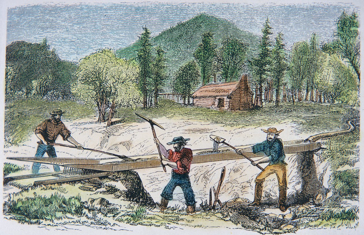 1849 के कैलिफ़ोर्निया गोल्ड रश (कलर लिथो) के दौरान एक स्लुइस का उपयोग करने वाले प्रॉस्पेक्टर्स द्वारा अमेरिकी स्कूल