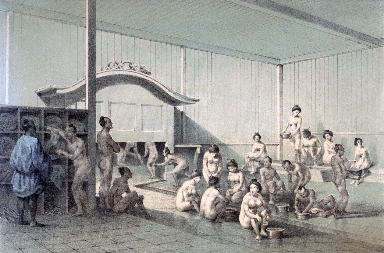 सिमोदा में सार्वजनिक स्नान, 1856 (रंगीन एक्वाटिंट) द्वारा अमेरिकी स्कूल
