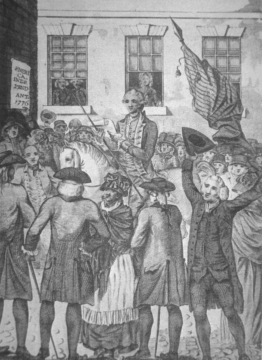 1776 में जनता के लिए स्वतंत्रता की घोषणा पढ़ना (लिथो) द्वारा अमेरिकी स्कूल