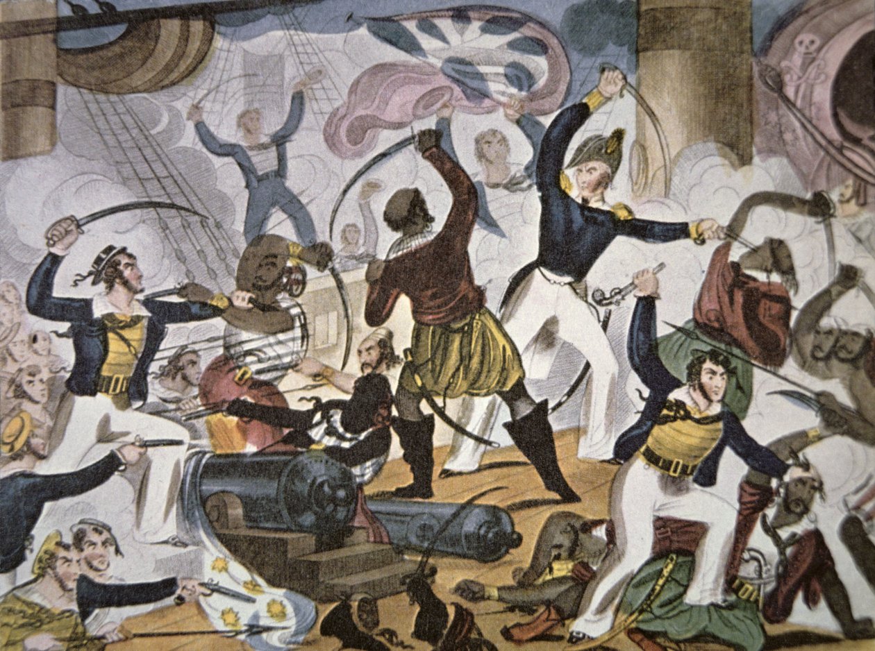 रॉयल नेवी के नाविक अल्जीरियाई समुद्री डाकू जहाज पर सवार हुए, c.1820 (कलर लिथो) द्वारा अमेरिकी स्कूल