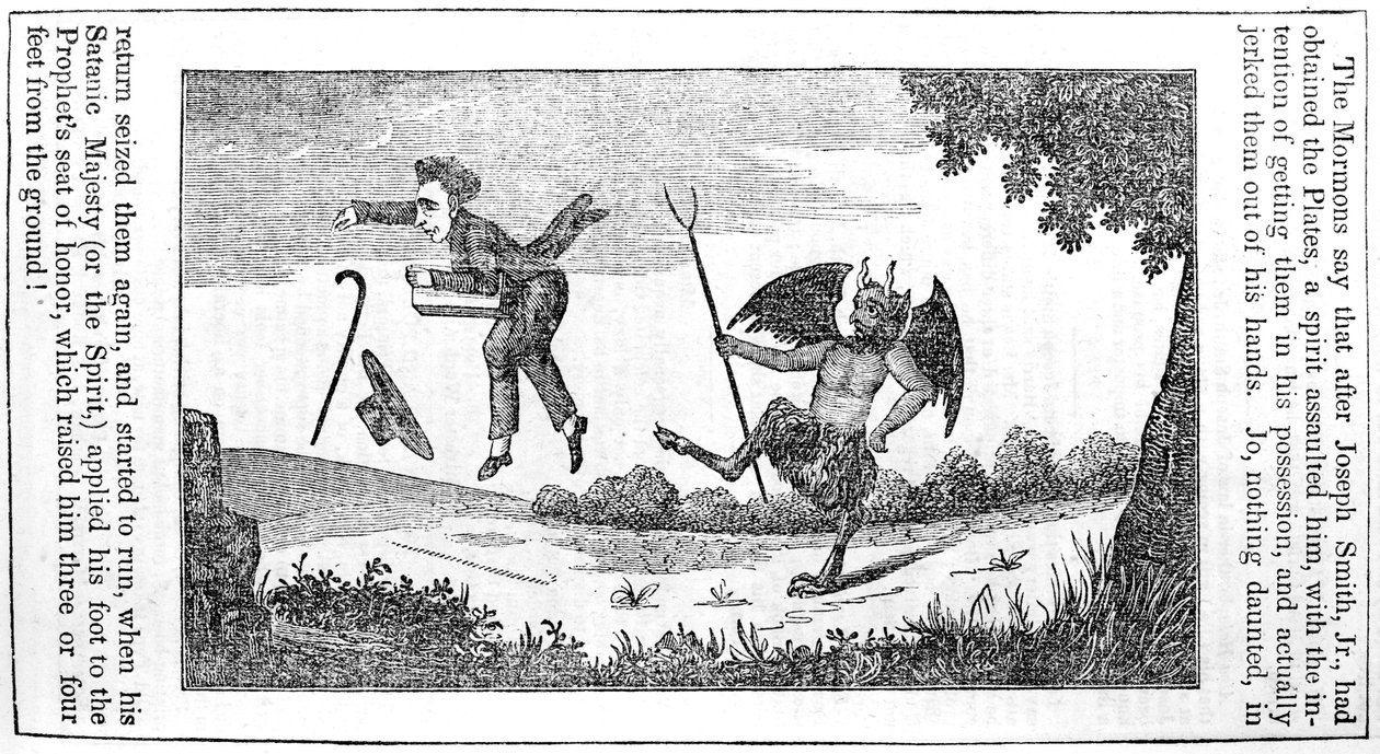 शैतान ने 1842 के एंटी-मॉरमन पंचांग के पिछले पृष्ठ से जोसेफ स्मिथ (1805-44) को लात मार दी द्वारा अमेरिकी स्कूल