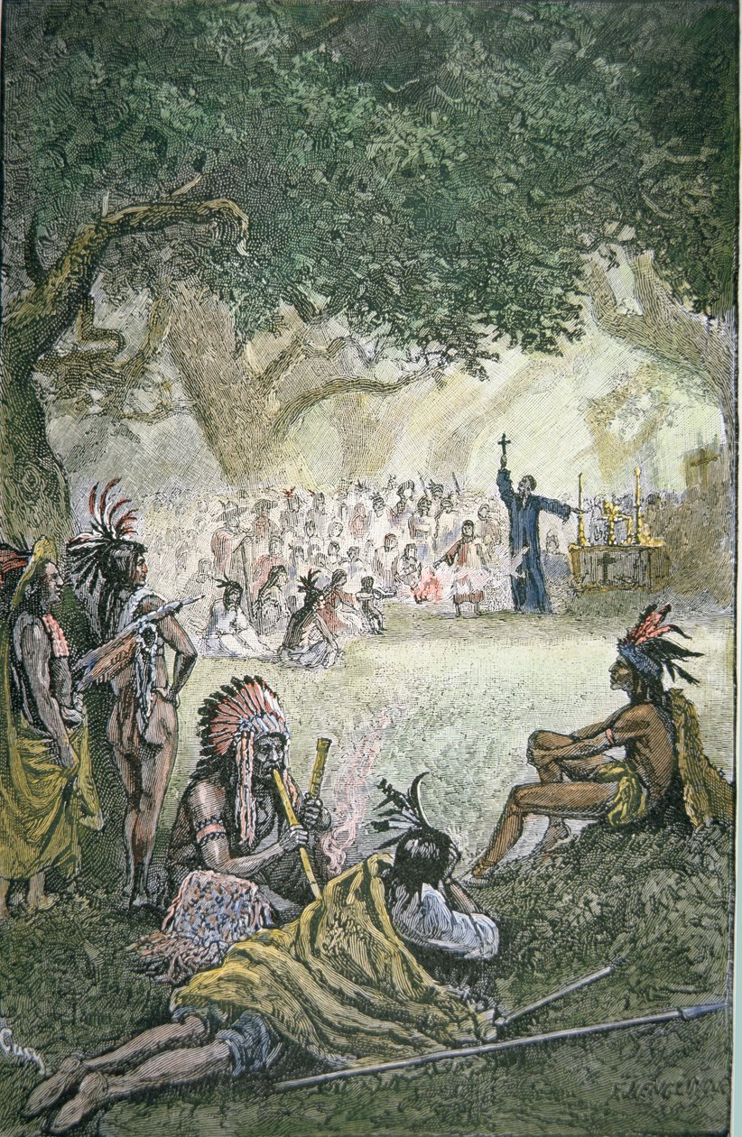 स्पैनिश जेसुइट मिशनरियों ने 17वीं सदी में कैलिफोर्निया में अमेरिकी मूल-निवासियों को परिवर्तित किया (कलर लिथो) द्वारा अमेरिकी स्कूल