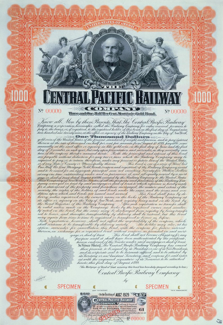 सेंट्रल पैसिफिक रेलवे कंपनी कंपनी, 1899 के लिए 1000 डॉलर के लिए नमूना बांड प्रमाण पत्र द्वारा अमेरिकी स्कूल