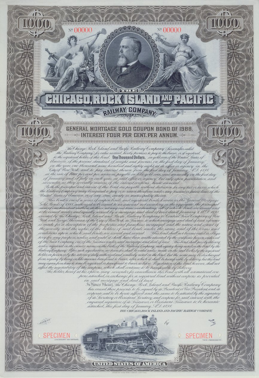 शिकागो, रॉक आइलैंड और पैसिफिक रेलवे कंपनी, 1898 के लिए 1000 डॉलर के लिए बॉन्ड प्रमाणपत्र द्वारा अमेरिकी स्कूल