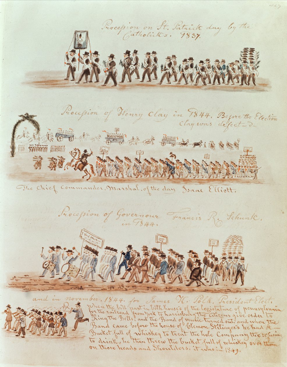 1837 में सेंट पैट्रिक दिवस जुलूस और 1844 में हेनरी क्ले, गवर्नर फ्रांसिस शंक और जेम्स पोल्क के लिए जुलूस (कागज पर स्याही और wc) द्वारा अमेरिकी स्कूल