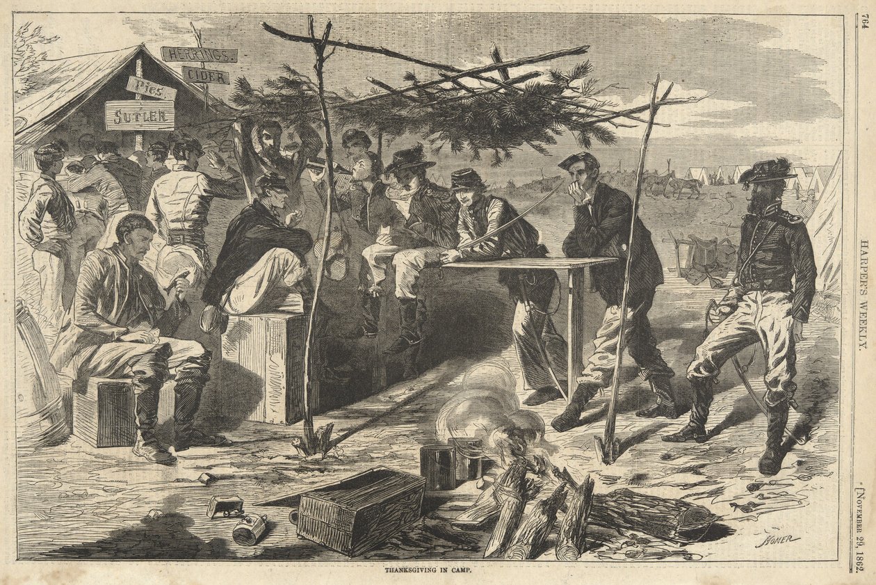 हार्पर वीकली, पब से कैंप में थैंक्सगिविंग। 1862 (उत्कीर्णन) द्वारा अमेरिकी स्कूल