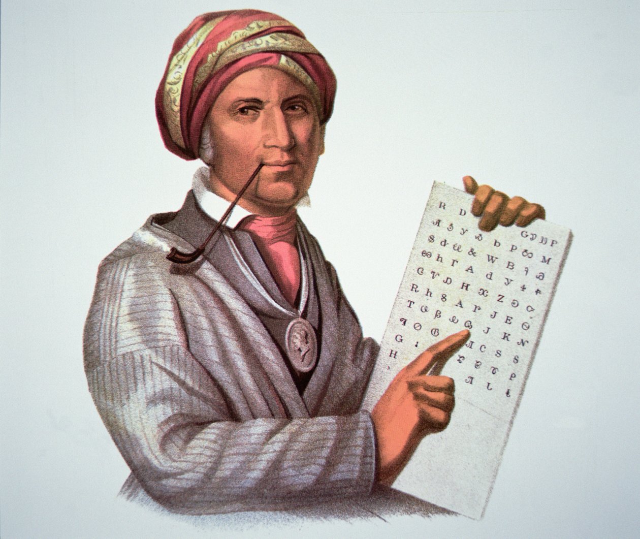 चेरोकी विद्वान, सिकोयाह (1776-1843) (रंग लिथो) द्वारा अमेरिकी स्कूल