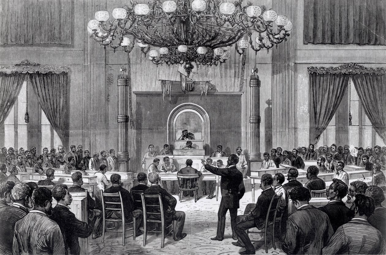 सत्र में रंगीन राष्ट्रीय सम्मेलन, नैशविले, टेनेसी, अप्रैल 5-7th 1876, 'फ्रैंक लेस्ली के इलस्ट्रेटेड न्यूजपेपर' (उत्कीर्णन) से (बी एंड डब्ल्यू फोटो) द्वारा अमेरिकी स्कूल