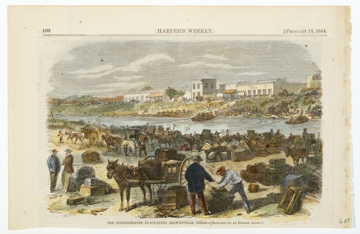 कॉन्फेडरेट्स इवैक्यूएटिंग ब्राउन्सविले, टेक्सास, c. 1864 (वोव वुड पल्प पेपर पर हाथ के रंग का लिथोग्राफ) द्वारा अमेरिकी स्कूल