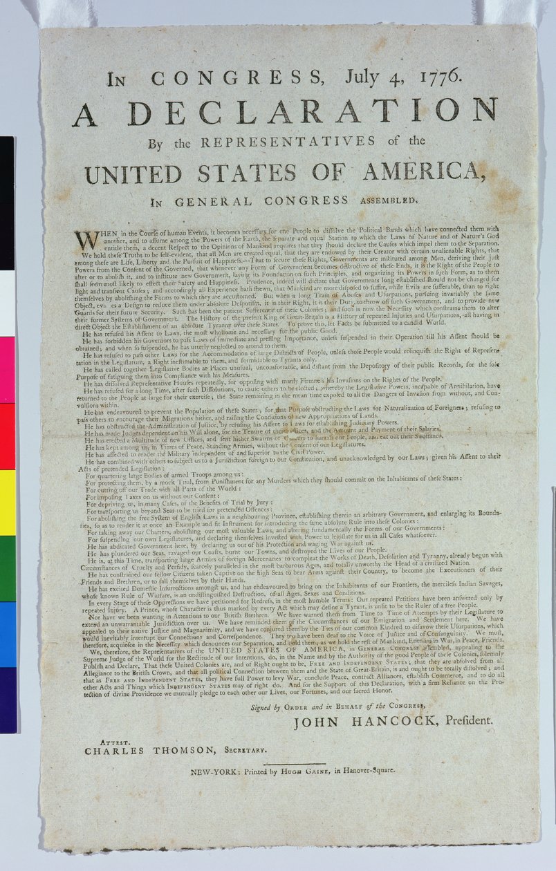 स्वतंत्रता की घोषणा, ह्यूग गाइन द्वारा मुद्रित, 1776 (कागज पर मुद्रित स्याही) द्वारा अमेरिकी स्कूल