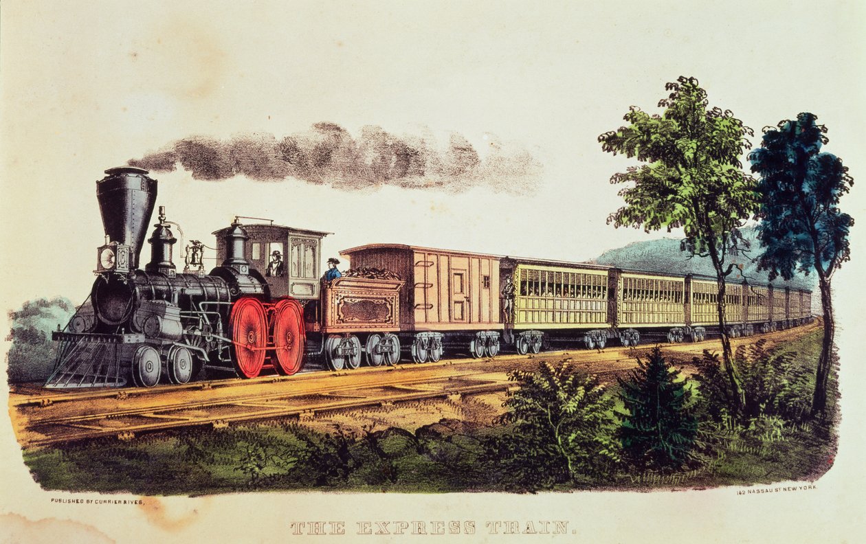 नाथनियल क्यूरियर (1813-88) और जेम्स मेरिट इवेस (1824-95) (रंग लिथो) द्वारा उत्कीर्ण एक्सप्रेस ट्रेन द्वारा अमेरिकी स्कूल