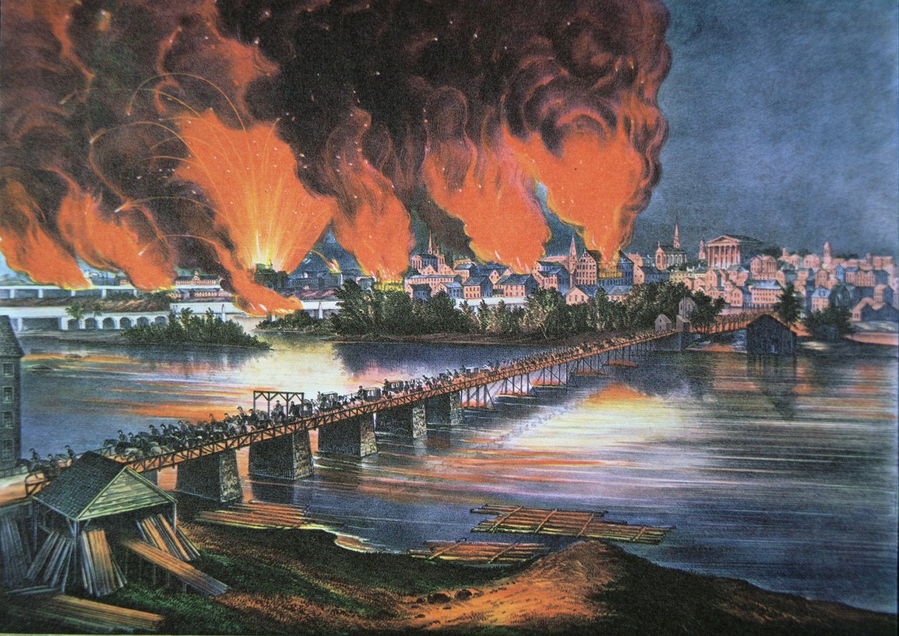 2 अप्रैल 1865 की रात को रिचमंड, वर्जीनिया का पतन (रंग लिथो) द्वारा अमेरिकी स्कूल