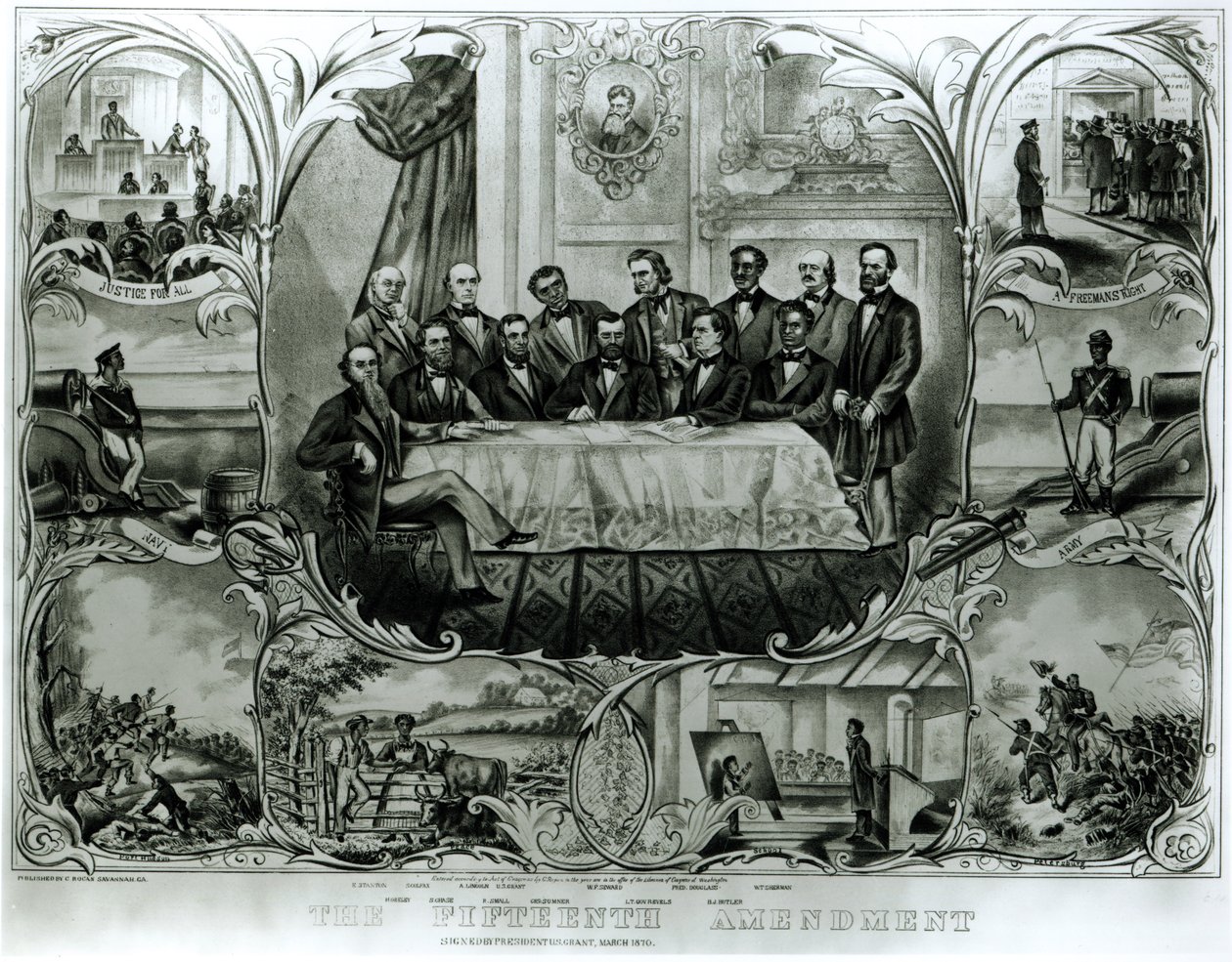 पंद्रहवां संशोधन, राष्ट्रपति यूलिसिस एस ग्रांट द्वारा हस्ताक्षरित (1822-85) मार्च 1870 (लिथो) (बी एंड डब्ल्यू फोटो) द्वारा अमेरिकी स्कूल