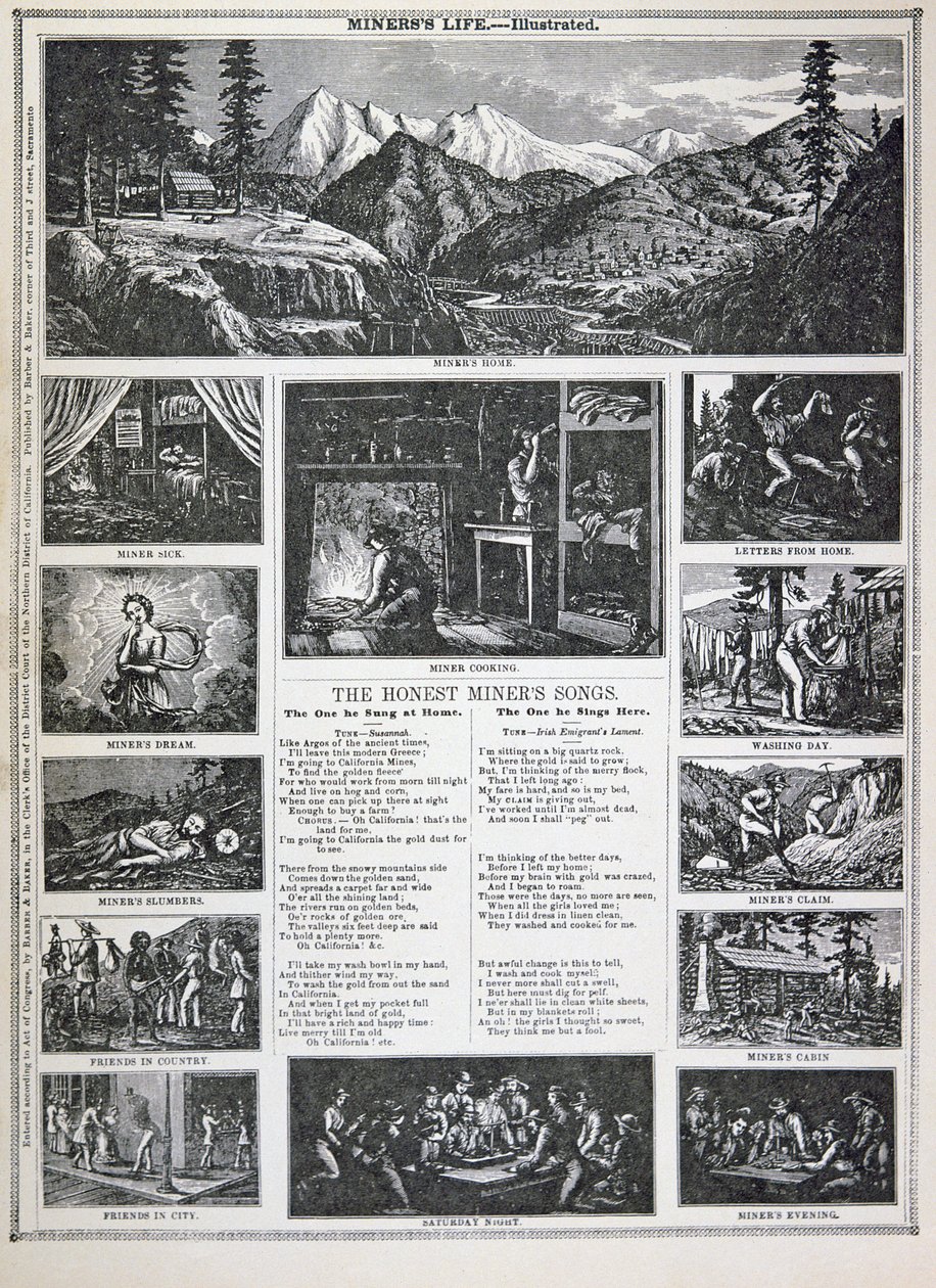 1849 के कैलिफ़ोर्निया गोल्ड रश से ईमानदार खान के गाने (लिथो) द्वारा अमेरिकी स्कूल