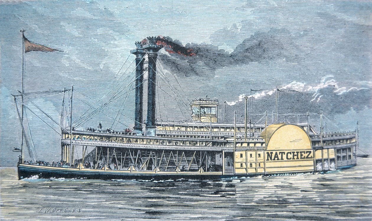 मिसिसिपी साइड-व्हीलर 'नाचेज़', c.1870 (रंगीन उत्कीर्णन) द्वारा अमेरिकी स्कूल