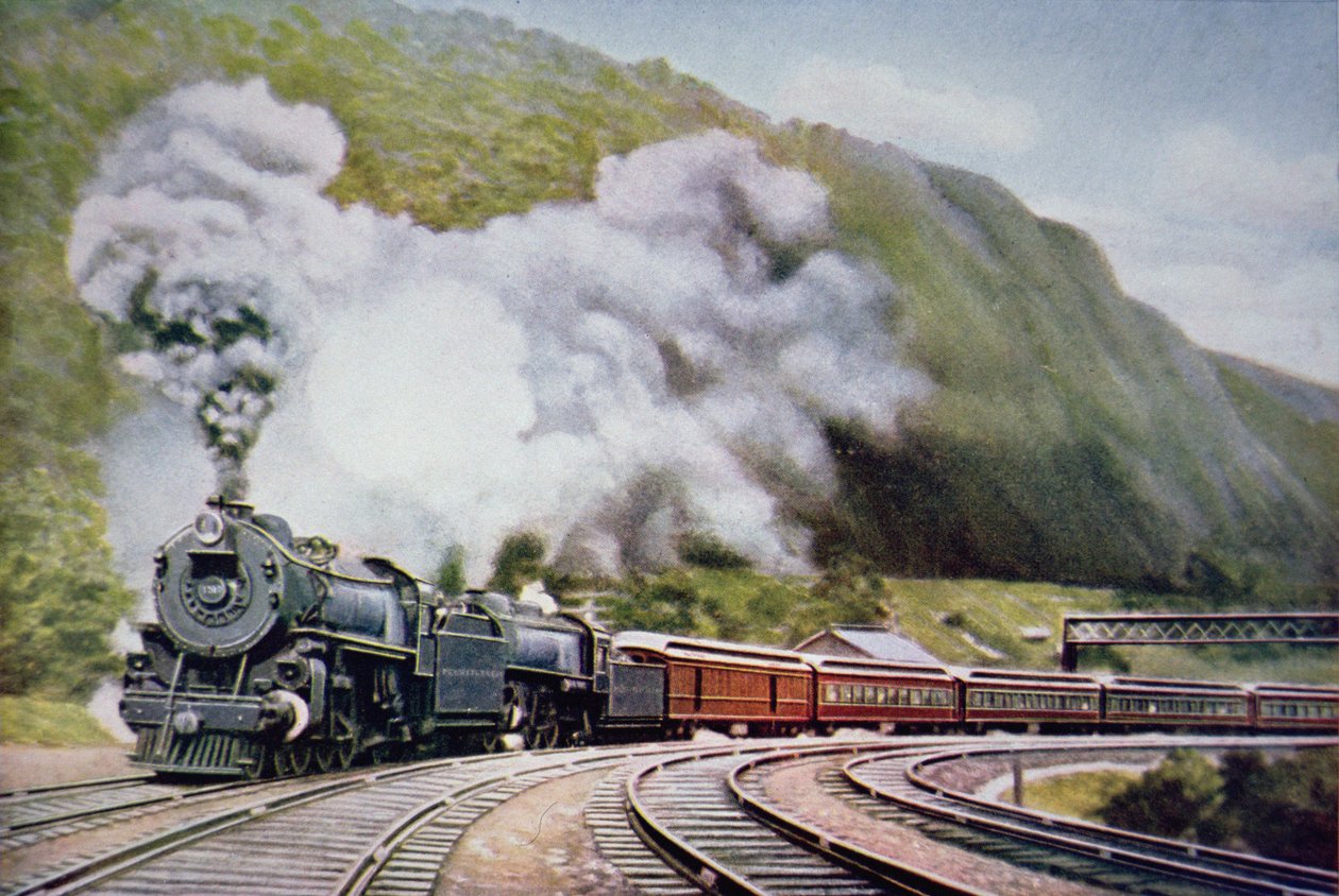 हॉर्स-शू कर्व पर न्यूयॉर्क से शिकागो एक्सप्रेस, एलेघनी, c.1930 (कलर लिथो) द्वारा अमेरिकी स्कूल