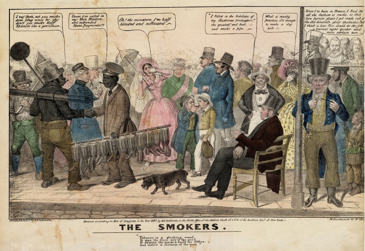 धूम्रपान करने वालों, c.1837 (हाथ से रंग का लिथो) द्वारा अमेरिकी स्कूल