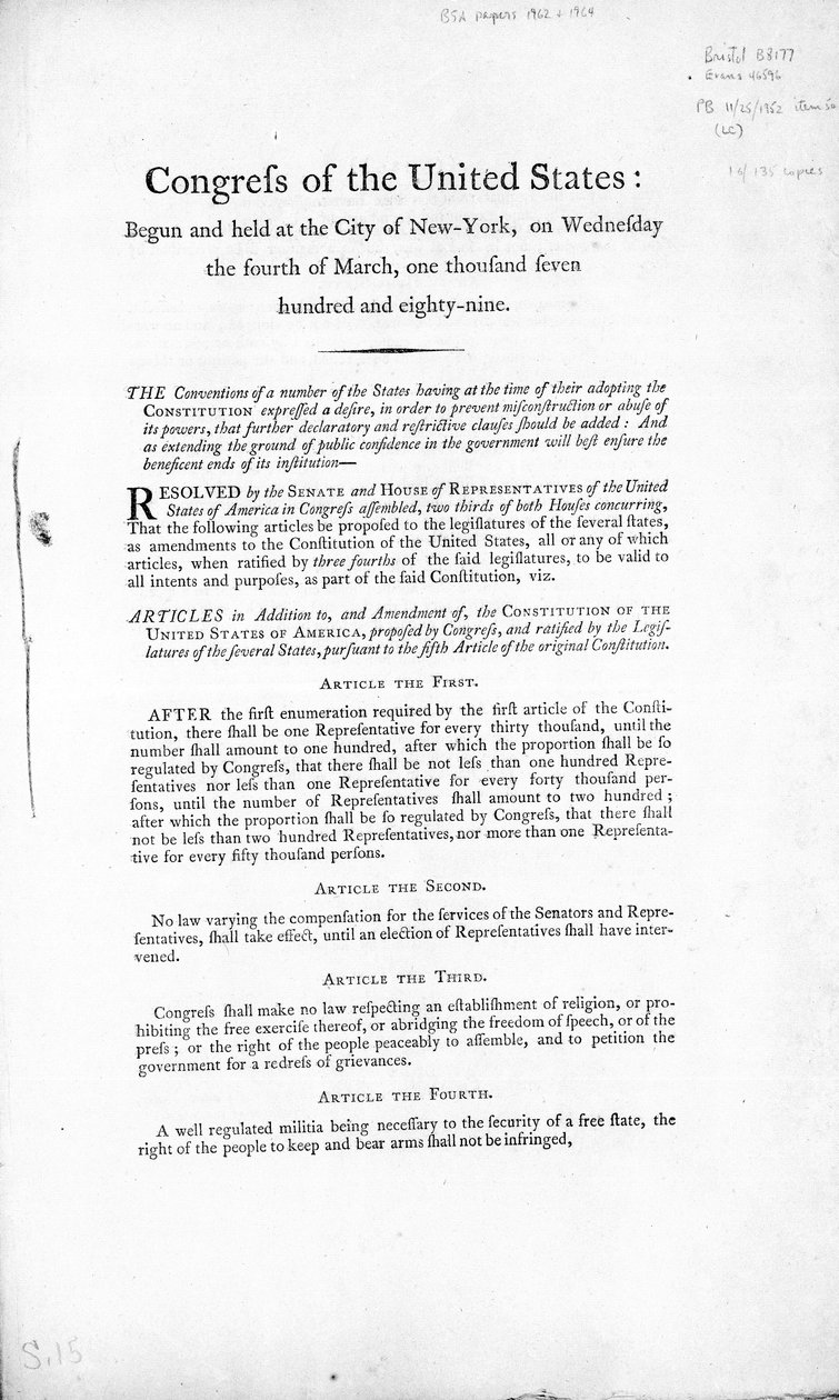यूनाइटेड स्टेट्स बिल ऑफ राइट्स, 1789 पूरा (प्रिंट) द्वारा अमेरिकी स्कूल
