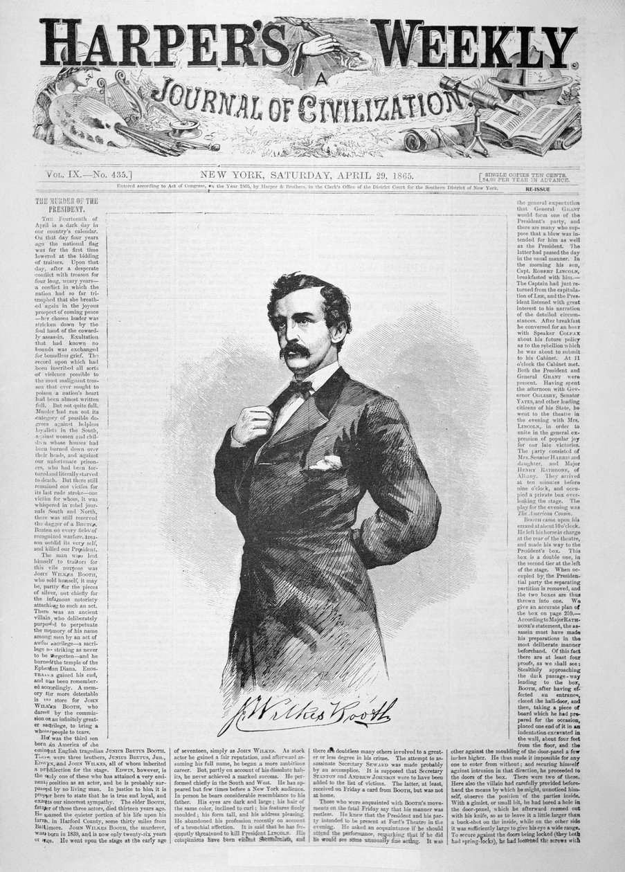 अब्राहम लिंकन (1809-65) की हत्या के बाद 'हार्पर्स वीकली' का फ्रंट कवर जिसमें जॉन विल्क्स बूथ (1838-65), 29 अप्रैल 1865 (लिथो) का चित्रण है। द्वारा अमेरिकी स्कूल