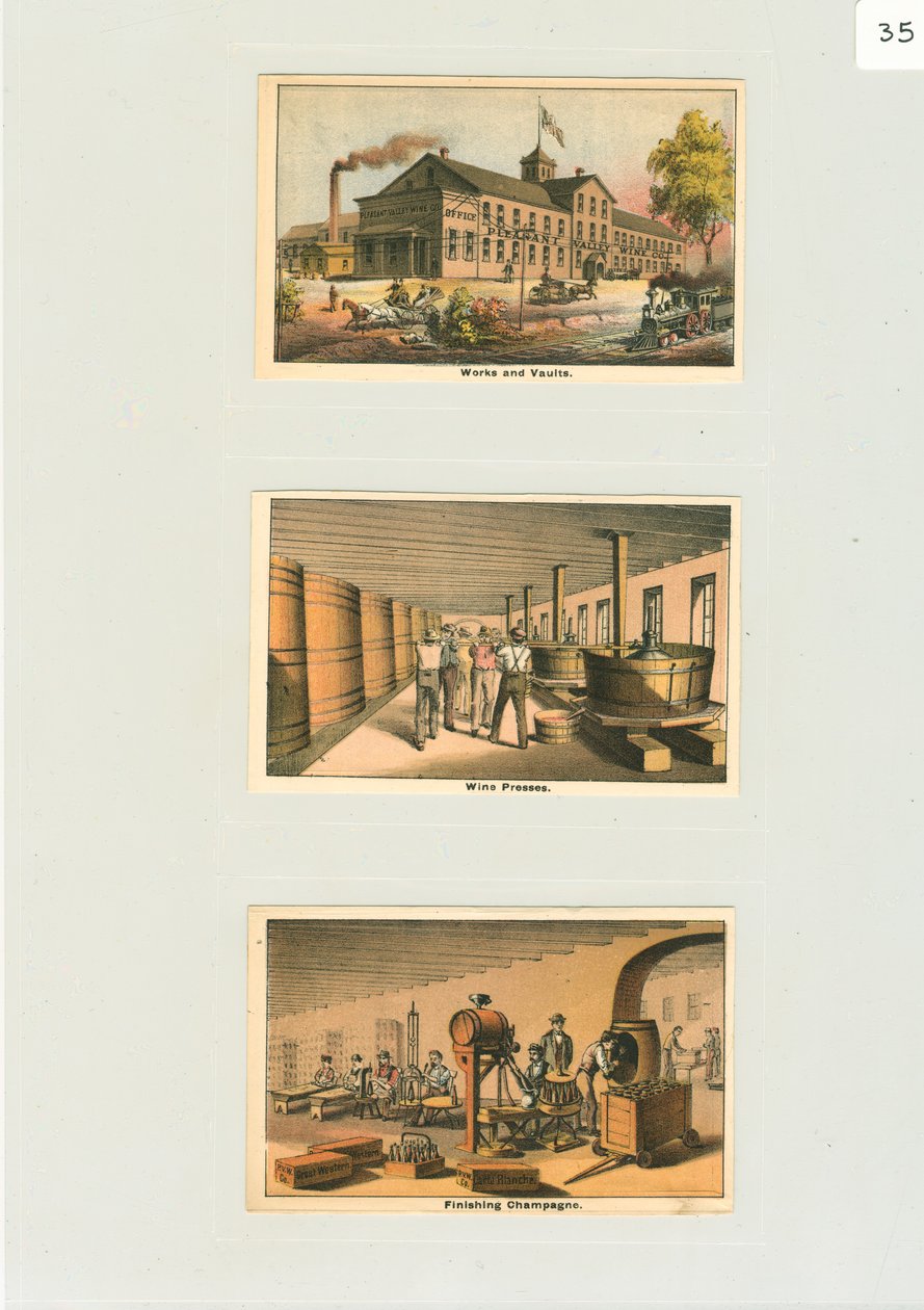 'वर्क्स एंड वॉल्ट' के लिए ट्रेड कार्ड, c.1876 (कलर लिथो) द्वारा अमेरिकी स्कूल