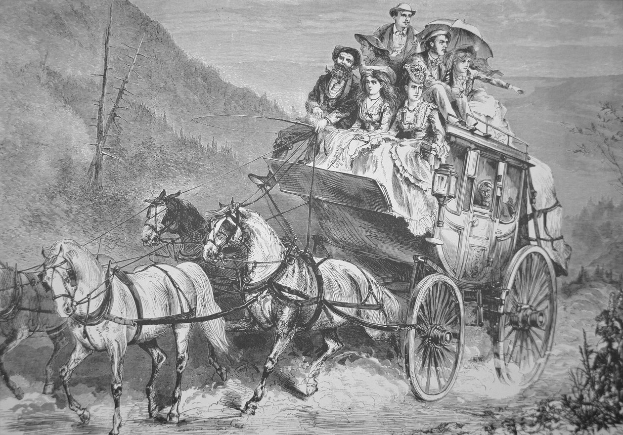 1860 के दशक में कॉनकॉर्ड स्टेजकोच द्वारा अमेरिकी पश्चिम की यात्रा (उत्कीर्णन) द्वारा अमेरिकी स्कूल