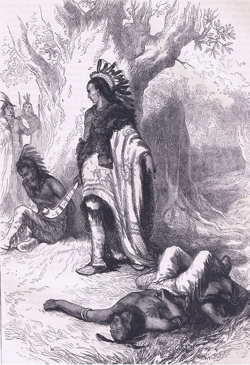Uncas और Miantonomoh (१६४३), कैसल्स हिस्ट्री ऑफ़ द यूनाइटेड स्टेट्स पब से चित्रण। पेटर और गैलपिन द्वारा c.1890 (लिथो) द्वारा अमेरिकी स्कूल