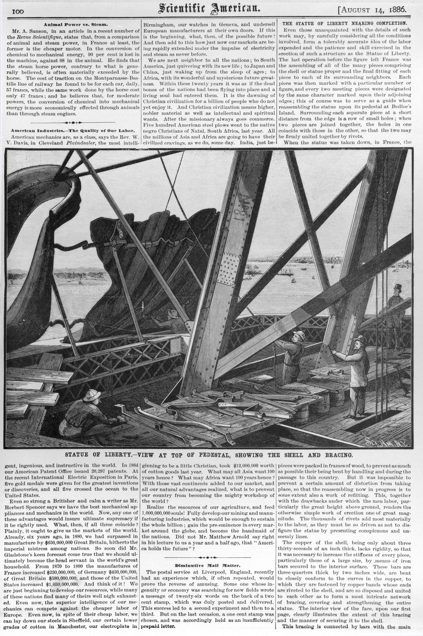 स्टैचू ऑफ़ लिबर्टी, the साइंटिफिक अमेरिकन ’से देखें, 14 अगस्त 1886 द्वारा अमेरिकी स्कूल