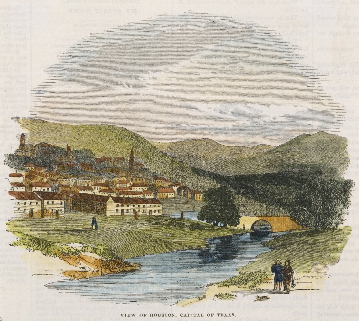 ह्यूस्टन का दृश्य, टेक्सास की राजधानी, सी। 1852 (हाथ से रंग की लकड़ी की नक्काशी) द्वारा अमेरिकी स्कूल