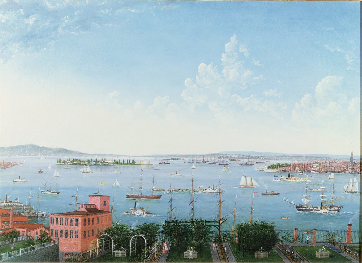 ब्रुकलिन हाइट्स से न्यूयॉर्क हार्बर का दृश्य, c.1860 (लिनन पर तेल) द्वारा अमेरिकी स्कूल