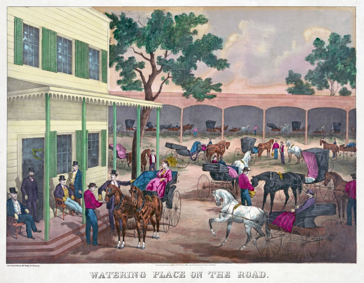 सड़क पर वाटरिंग प्लेस, पब। 1870 (हाथ से रंगी हुई नक्काशी) द्वारा अमेरिकी स्कूल