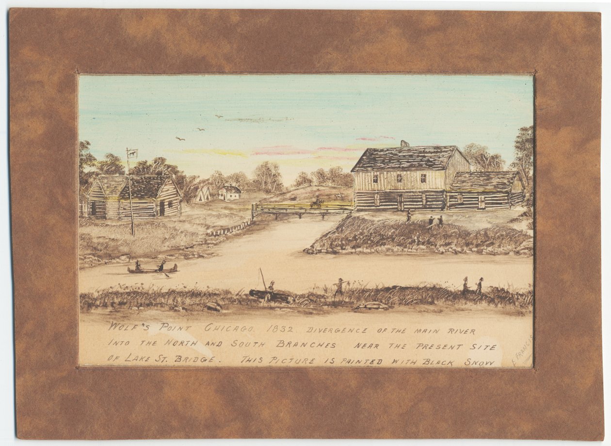 1832 में वुल्फ पॉइंट, मुख्य नदी का उत्तर और दक्षिण शाखाओं में विचलन (जल रंग) द्वारा अमेरिकी स्कूल