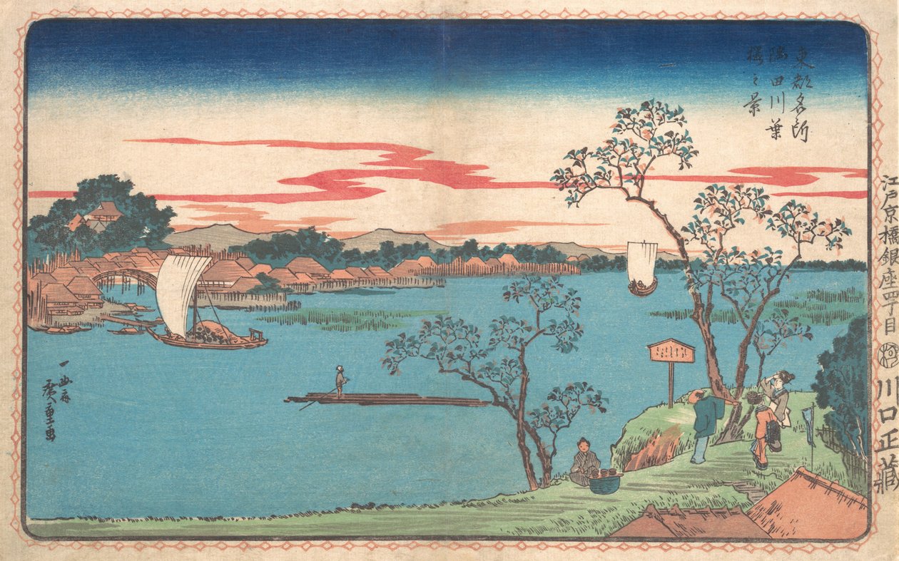 सुमिदा नदी के किनारे पत्ती में चेरी के पेड़ों का एक दृश्य, 1831., 1831। द्वारा एंडो हिरोशिगे