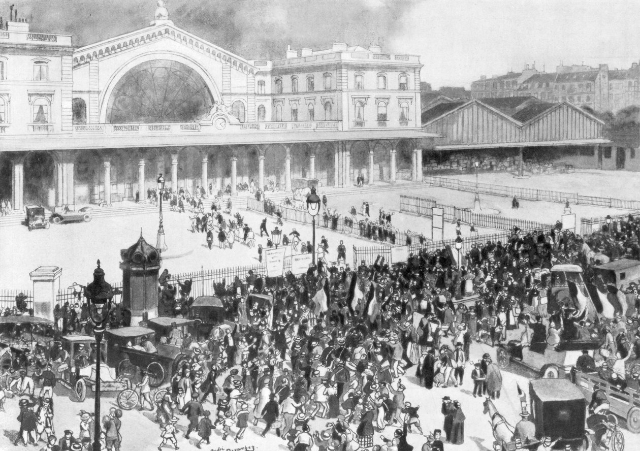 पेरिस, फ्रांस, 1914 की अवधि के दौरान गारे डे ने रेलवे स्टेशन को चलाया। द्वारा आंद्रे देवमबेज़