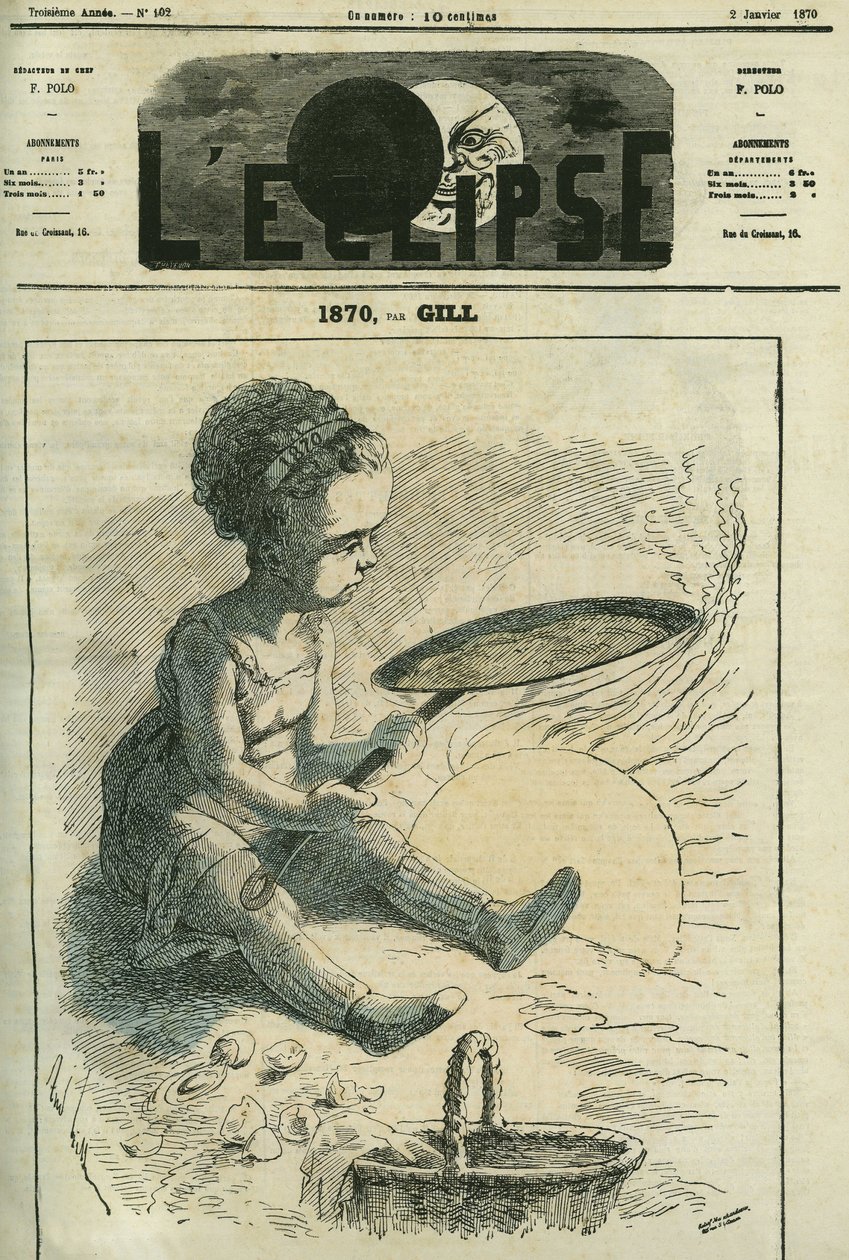 1870, सामाजिक व्यंजन: एक छोटी लड़की धूप से गरम चूल्हे में एक क्रेप पकाती है। गिल द्वारा "" L'Eclipse" में कवर, 2 जनवरी द्वारा एंड्रयू गिल